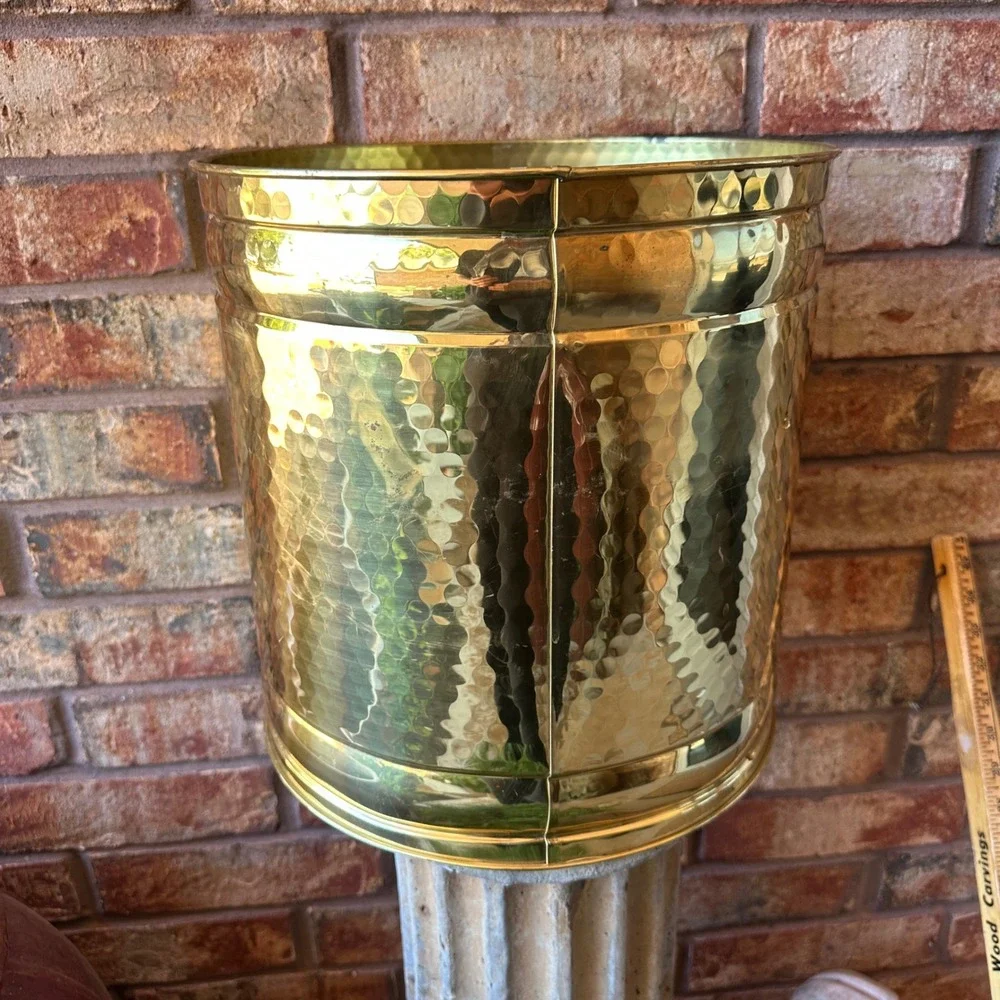 Vintage Hammered Brass Planter Waste Basket Gold Tone Metal Large 12x12